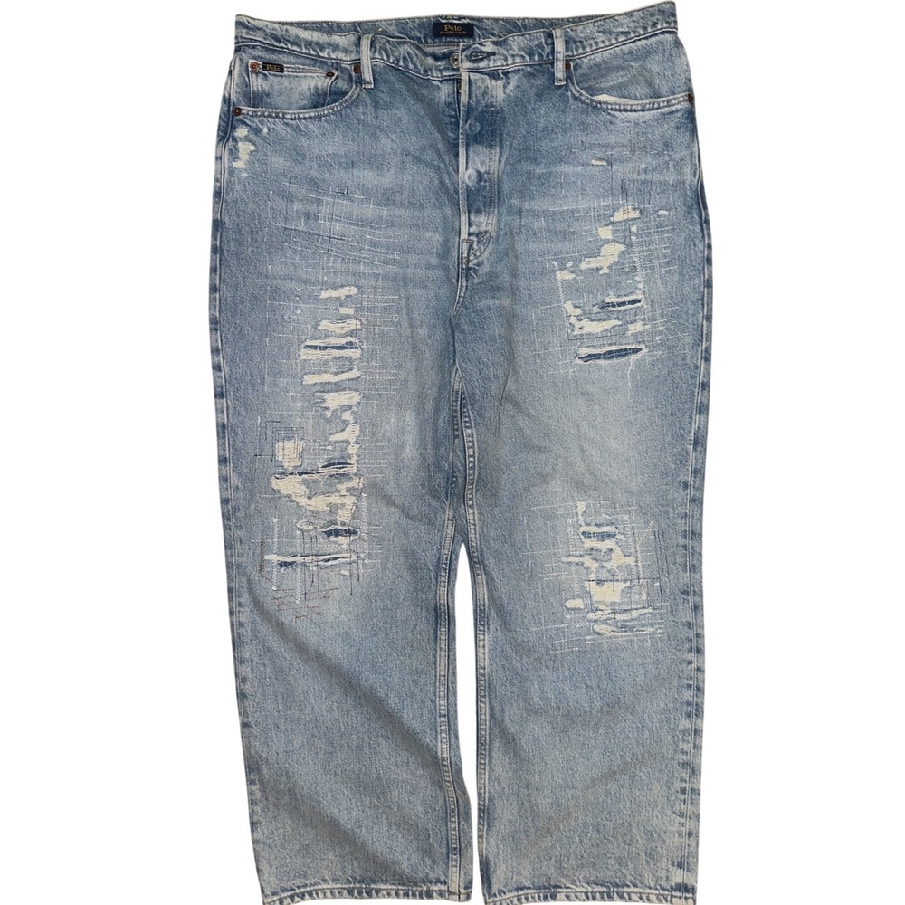 Polo Ralph Lauren Relaxed Straight Distressed Repaired Jeans Light Wash 39x26